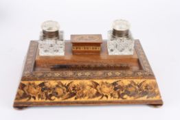 A Tunbridge Ware desk set of tapered form with two hobnail cut glass inkwells flanking a Tunbridge