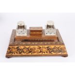 A Tunbridge Ware desk set of tapered form with two hobnail cut glass inkwells flanking a Tunbridge