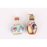 Two 19th century miniature scent bottles, one ceramic painted with a scene of courting couples,