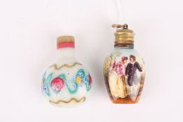 Two 19th century miniature scent bottles, one ceramic painted with a scene of courting couples,