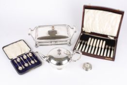 A small collection of silver and silver plate comprising a set of six silver cased spoons; a 1912