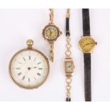 A collection of three ladies early 20th century gold wrist watches together with a gold plated