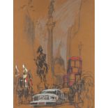 Felix Topolski (1907-1987) London landmarks with mounted household cavalry and great limousine,