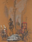 Felix Topolski (1907-1987) London landmarks with mounted household cavalry and great limousine,