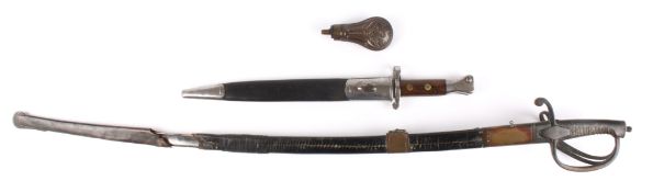 A 19th century cavalry officers sword with brass hilt and wire wrapped grip, in a leather scabbard