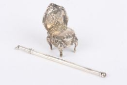 A Victorian repoussé silver miniature chair hallmarked Chester 1901, together with a silver