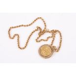 A Victorian 1878 22ct gold full sovereign pendant in a 9ct gold mount with ropetwist chain. 28.5
