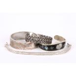 Three silver bracelets and another silver plated bracelet with mother of pearl inlay. (4) Silver: