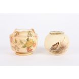 Two pieces of Royal Worcester blush ivory: a small globular vase decorated with a bird, numbered