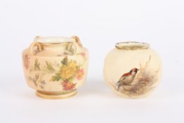 Two pieces of Royal Worcester blush ivory: a small globular vase decorated with a bird, numbered