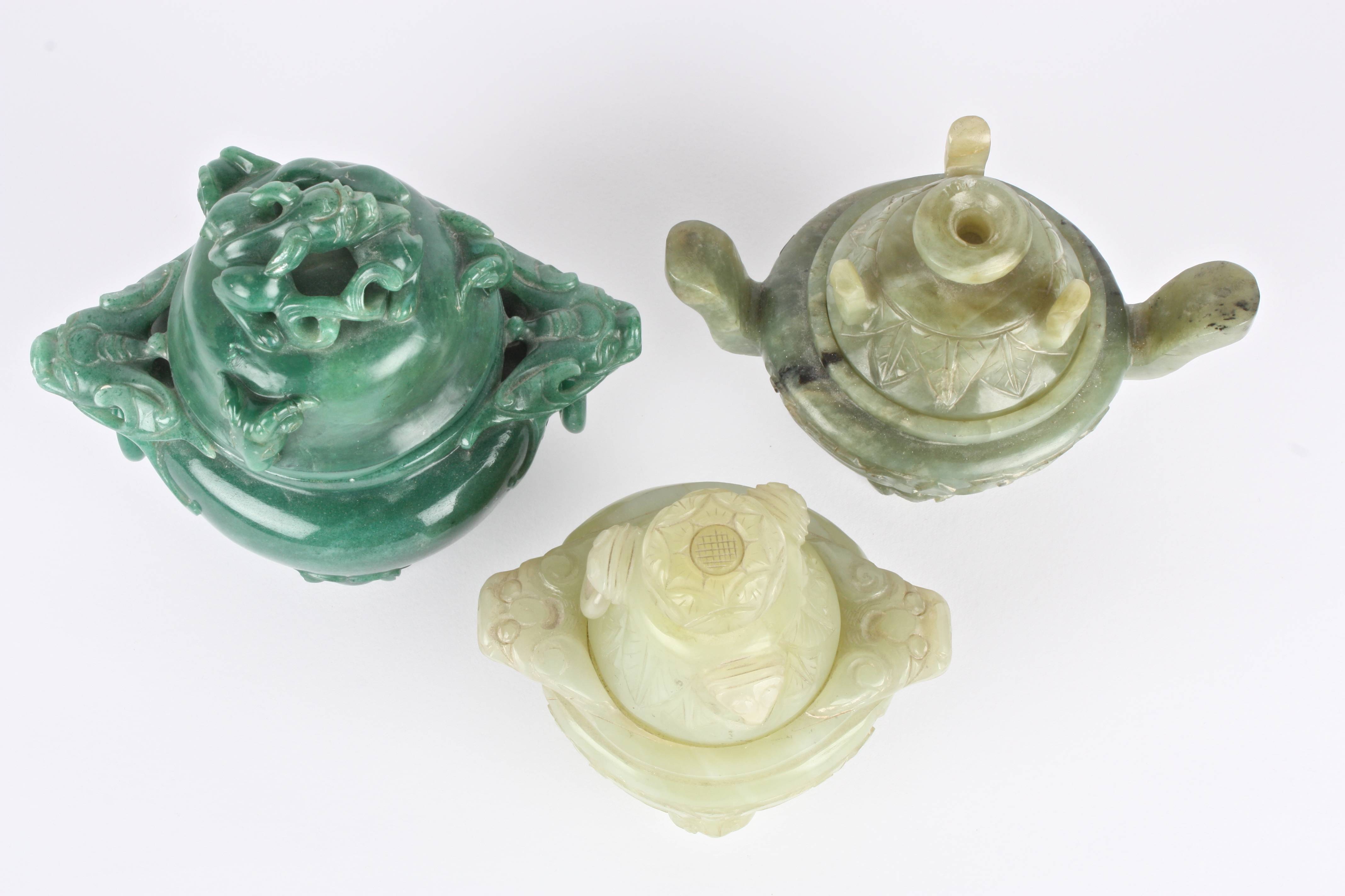 A group of three modern Chinese jade and hardstone koros and covers each with carved decoration, two - Image 2 of 3