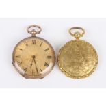 A Victorian yellow metal open face pocket watch with gilt metal dial and black Roman numerals,