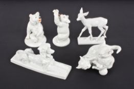 A group of five 20th century Meissen porcelain animals two bears, a seated poodle, a pair of