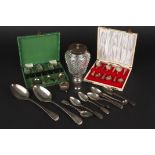 A collection of assorted silver including a cased set of Georgian bright cut tea spoons, other