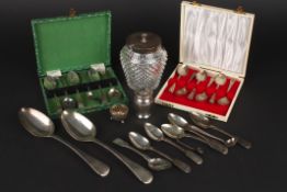 A collection of assorted silver including a cased set of Georgian bright cut tea spoons, other