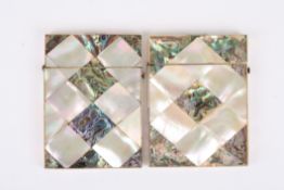 Two mother-of-pearl and abalone shell calling card cases with applied shell laid in diamond