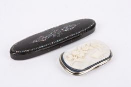 A Victorian black lacquer and abalone spectacle case together with a mid 20th century mother of