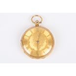 An 18ct gold open face pocket watch the gilded dial with gilt Roman numerals and floral engraving,