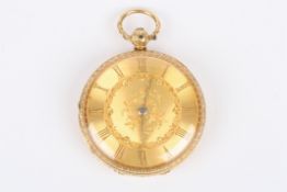 An 18ct gold open face pocket watch the gilded dial with gilt Roman numerals and floral engraving,