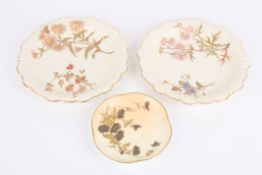 A pair of Worcester blush ivory plates with fluted rim and painted with flowers numbered 1416