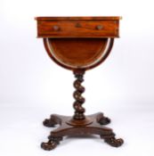 A Victorian rosewood sewing table with drawer, supported on barley twist column, shaped base and