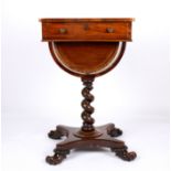 A Victorian rosewood sewing table with drawer, supported on barley twist column, shaped base and