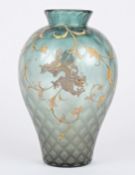 An early 20th century frosted glass vase decorated with a dragon and flowers in gilt. 24 cm high.