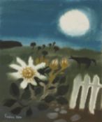 Mary Fedden (1915-2012) British 'Flower by Moonlight', a moonlit scene with a white flower and fence