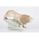 A Royal Dux style Czechoslovakian porcelain model of a lion in an aggressive pose and stood on a