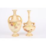 Two Royal Worcester blush ivory vases both decorated with flowers, one with scrolled handles and a