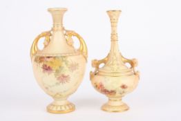 Two Royal Worcester blush ivory vases both decorated with flowers, one with scrolled handles and a