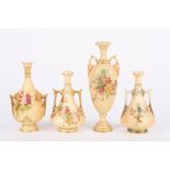 Four assorted Royal Worcester blush ivory vases of various shapes, all decorated with flowers and