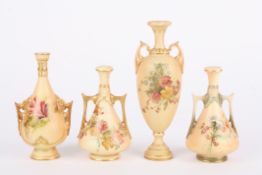 Four assorted Royal Worcester blush ivory vases of various shapes, all decorated with flowers and