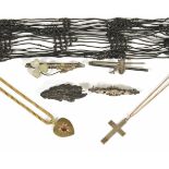 A small collection of Victorian and later jewellery to include a French jet bead corded silk long-