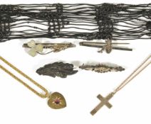 A small collection of Victorian and later jewellery to include a French jet bead corded silk long-