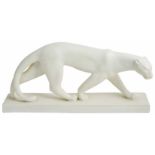 An Art Deco style pottery model of a panther in walking pose on a rectangular base, mark to base