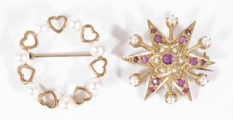 A Victorian style ruby and pearl set star cluster brooch, 9ct gold mount, sold together with a 9ct
