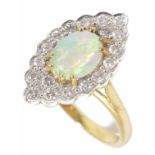 An opal and diamond marquis shaped cluster ring the central oval opal within a fancy edged