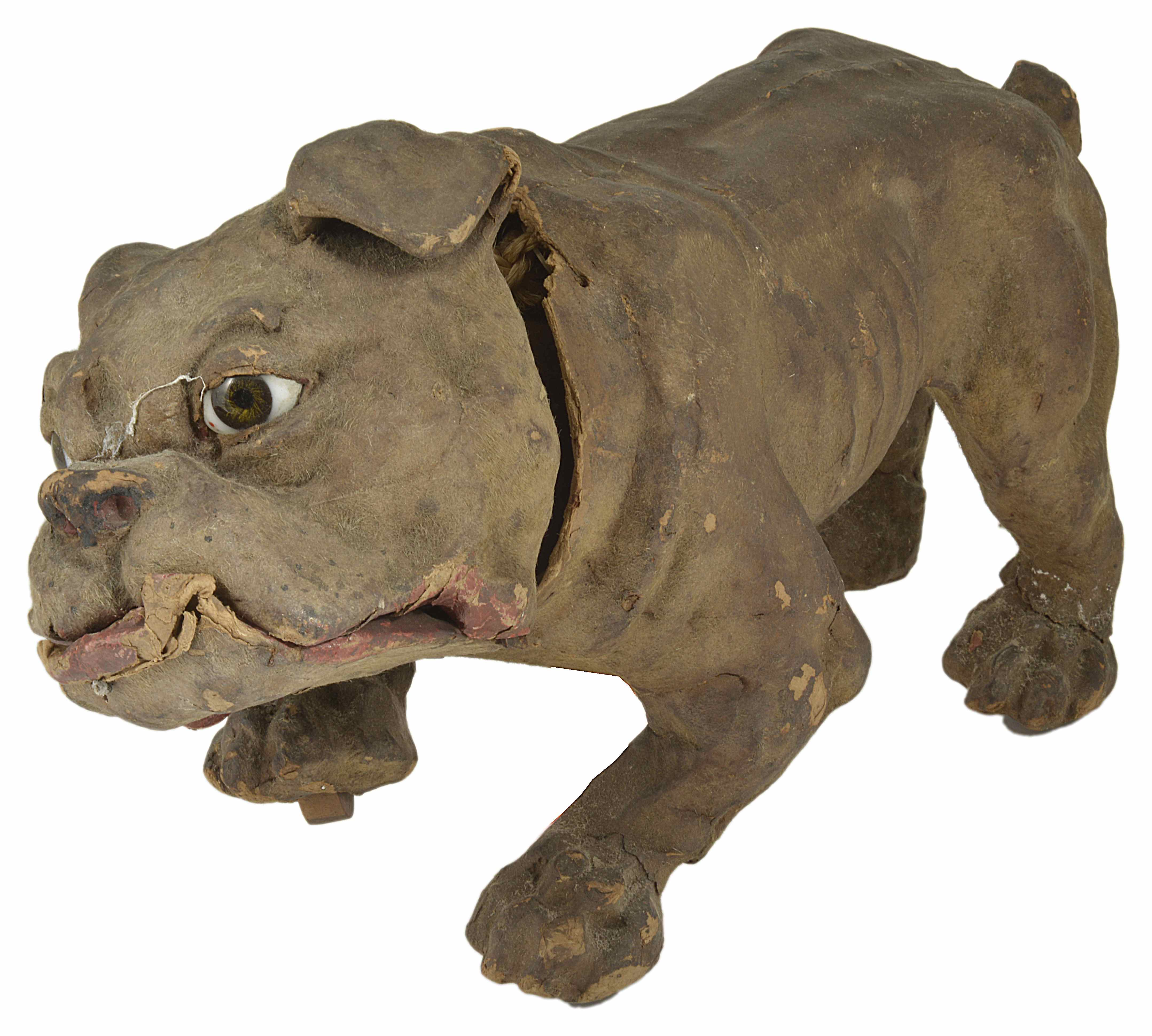 A bulldog automaton the papier-mâché dog realistically modelled, with glass eyes and jaw dropping