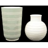 A Keith Murray for Wedgwood green and white ribbed vase of tapered cylindrical form, with green