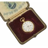 An Omega 18K gold open faced pocket watch the white enamel dial with black Arabic numerals with gilt