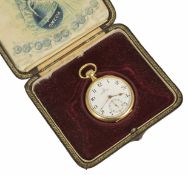 An Omega 18K gold open faced pocket watch the white enamel dial with black Arabic numerals with gilt