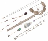 A small collection of 1920's silver and paste dress jewellery to include a French paste set arrow