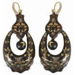 A pair of large Victorian tortoiseshell pique drop earrings with gold and silver inlay depicting