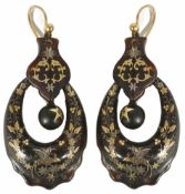 A pair of large Victorian tortoiseshell pique drop earrings with gold and silver inlay depicting