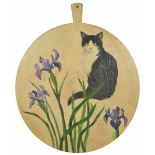 A Bloomsbury cat cheese board painted by Diane Simpson 1995, large circular wooden cheese board with