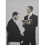 Graeme Wilcox (20th century) British, Choose your favourite Weapon, acrylic, two men in suits,