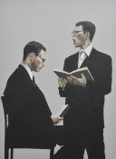 Graeme Wilcox (20th century) British, Choose your favourite Weapon, acrylic, two men in suits,