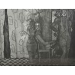 June Carey RSW (20th Century) Scottish From behind the curtain, a black and white engraving of