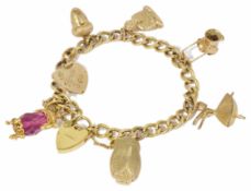 A 9ct gold curb link charm bracelet with heart padlock fastening hung with various gold charms